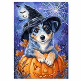 Blue Heeler Autumn Pumpkin Puppy Canvas Witch Hat with Pumpkin Wall Art for Dog Parent's Home Decorations  on Ready to Hang 1.5" Thick Canvas Wrap, Floating Framed Canvas, Flat Rolled Canvas